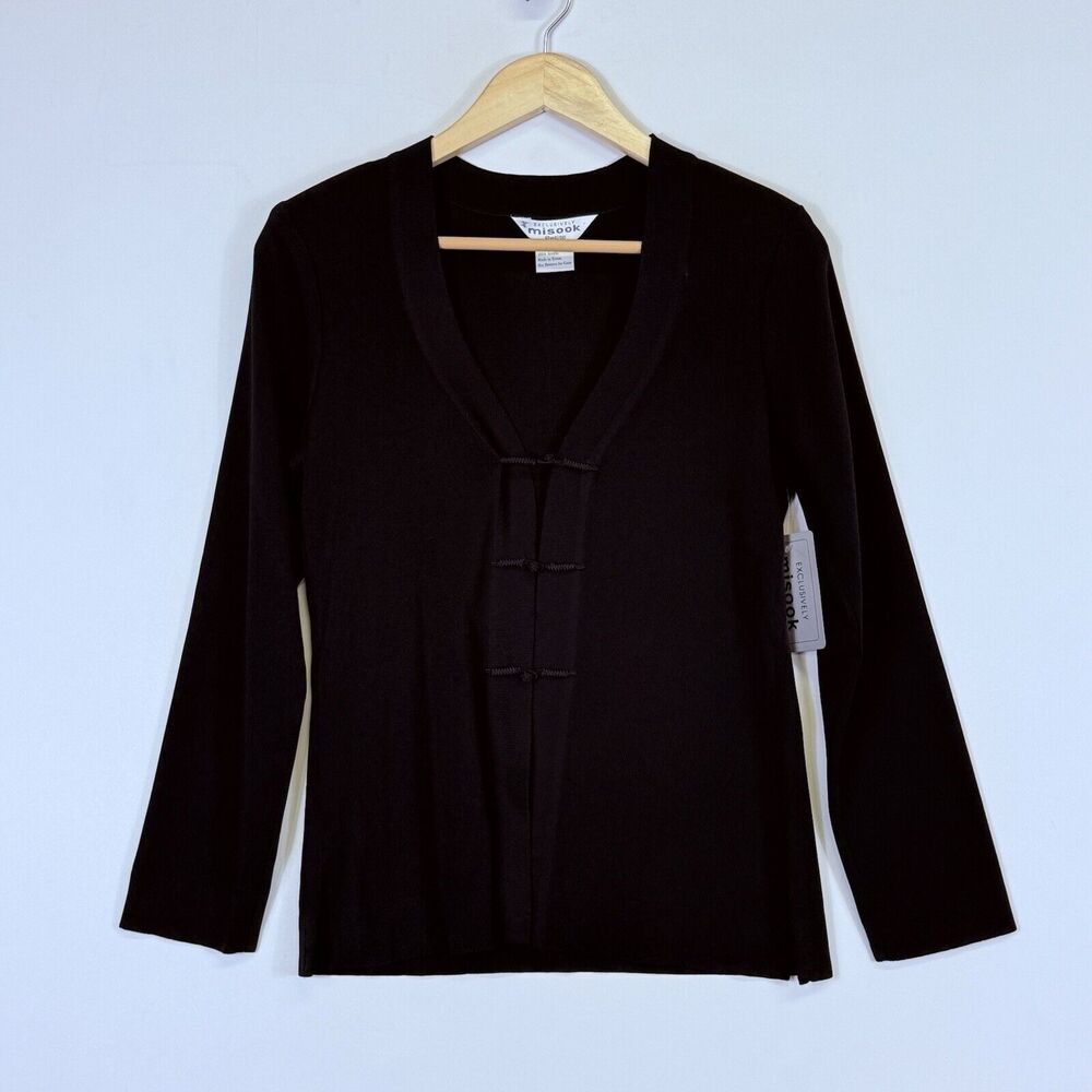 NEW Misook Cardigan Sweater Women XS Petite Black Frog Knot Quiet Luxury Elegant